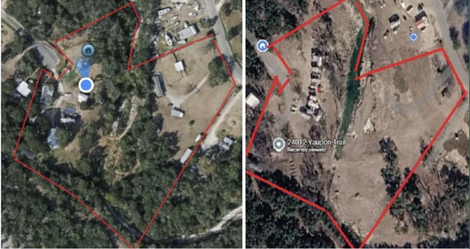 Two satellite views of the same property side by side. In the
                  first the land is wooded, with buildings under tree cover and
                  a narrow creek along one edge. In the second the trees and
                  most of the buildings are gone, the ground is bare, and a
                  wide new channel of the creek runs straight through the
                  middle. A red outline marks the property boundary in both.