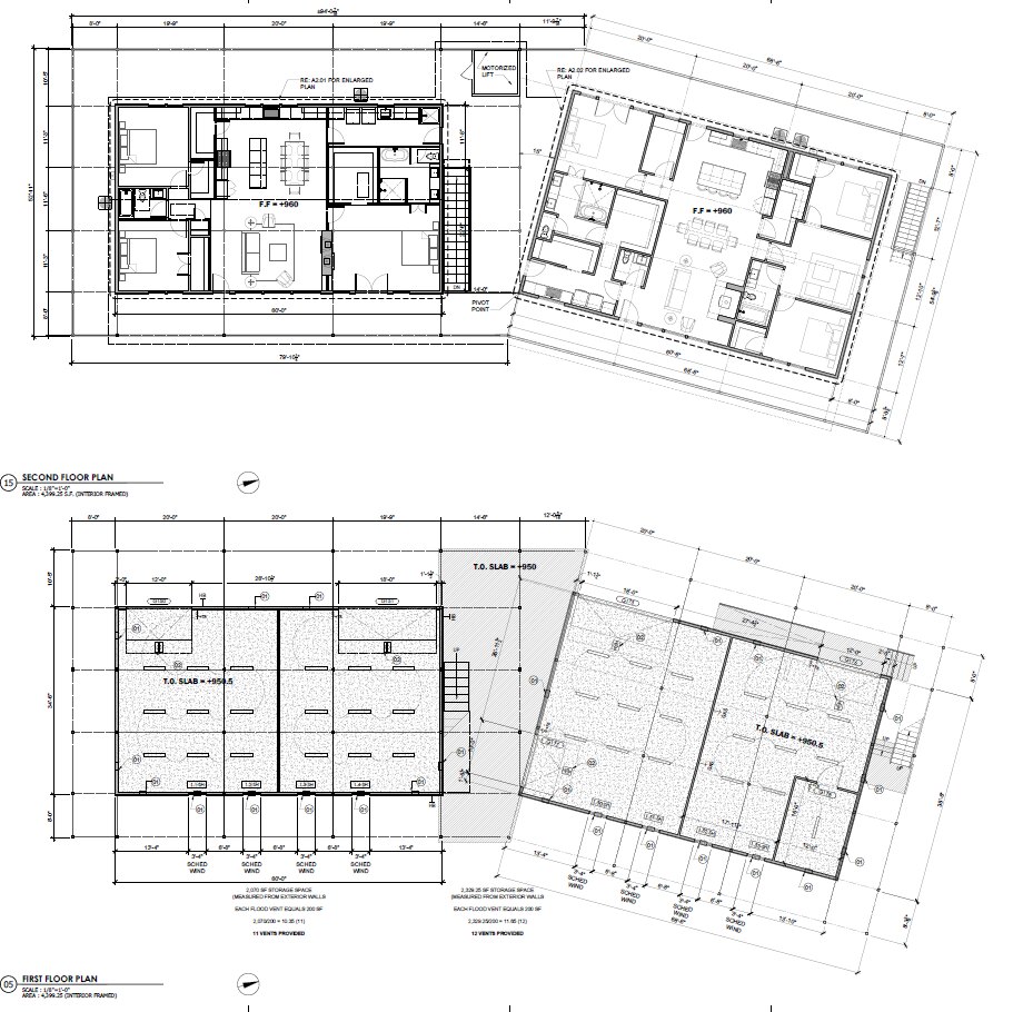 Architectural floor plans for the rebuilt residence, first
                  and second floor shown together with dimensions, room
                  layouts and slab elevations noted on each.