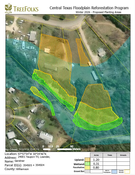 TreeFolks Central Texas Floodplain Reforestation Program
                  planting map for winter 2026. An aerial photograph of the
                  property is overlaid with hatched planting areas: green for
                  wetland, orange for upland, and a table giving the acreage
                  of each — 1.20 acres upland, 0.31 wetland, 0.80
                  facultative.