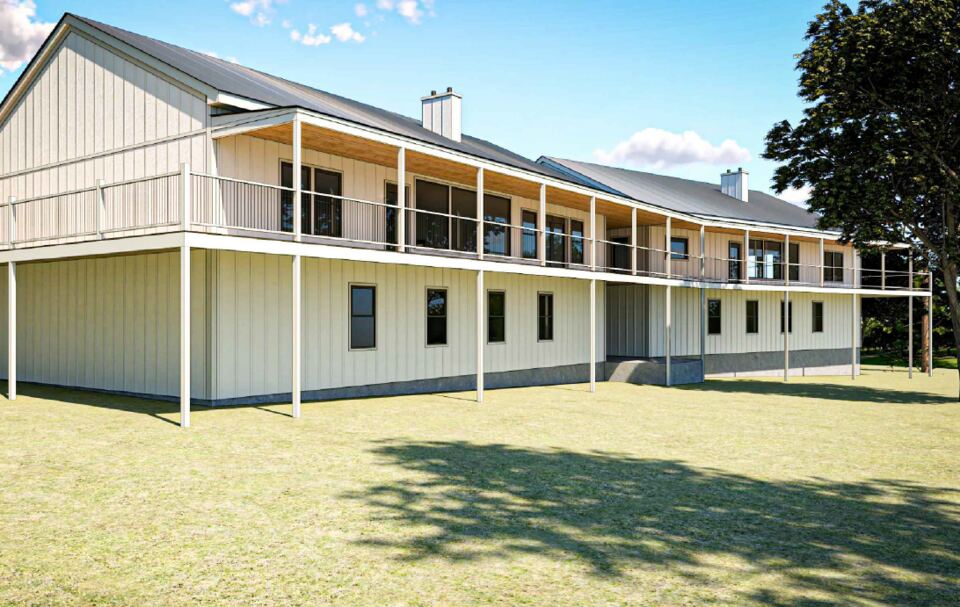 Architectural rendering of the rebuilt home: a long
                  metal-roofed house raised on columns, with a covered porch
                  running its full length on the upper floor and open,
                  unenclosed space beneath it at ground level.
